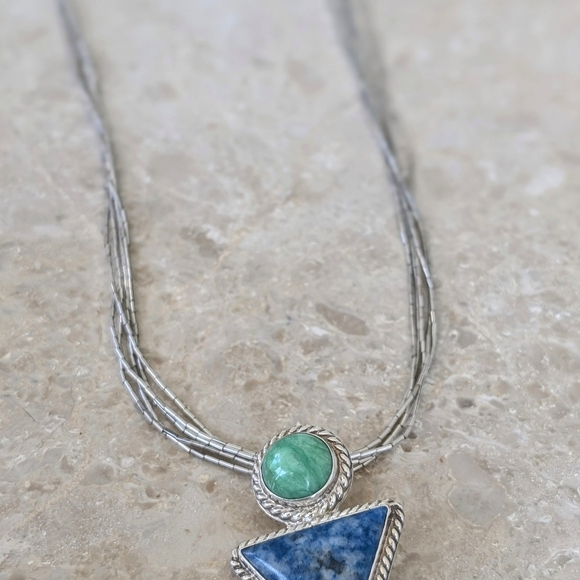 Silver Necklace with Blue and Green Gemstones - Picture 2 of 4
